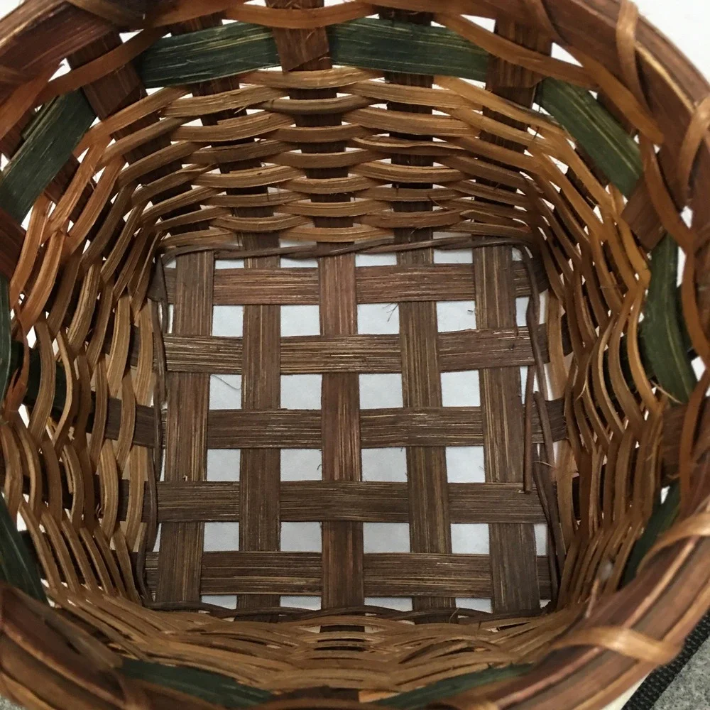 Woven Wood Basket Small Brown Green Bow Handle Rustic Decor Farmhouse Country